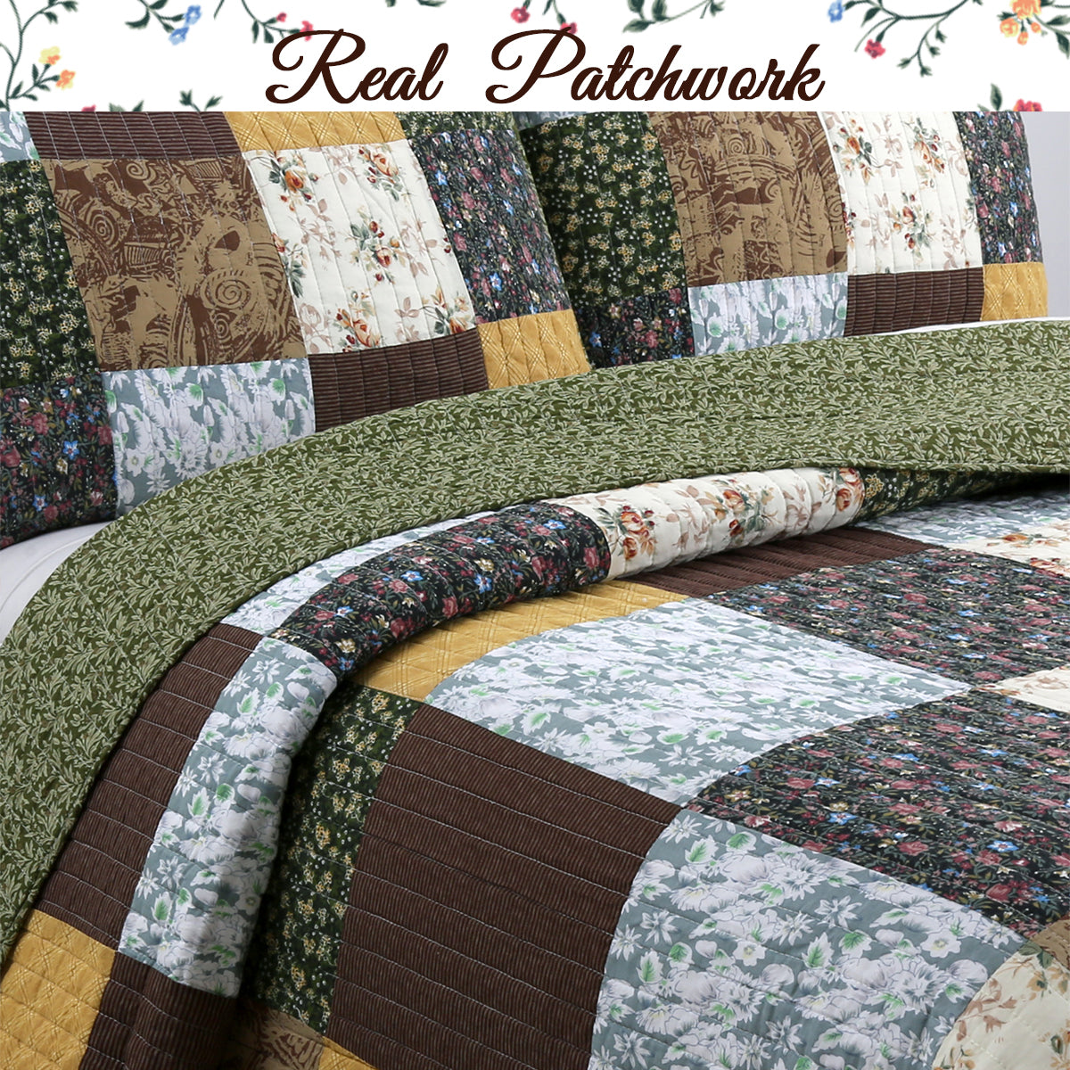 Huitt Country Farmhouse Vintage Floral Real Patchwork Cotton 3-Piece Reversible Quilt Bedding Set