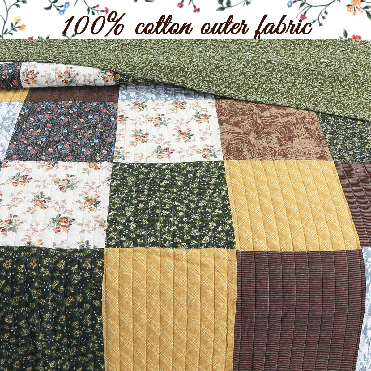Huitt Country Farmhouse Vintage Floral Real Patchwork Cotton 3-Piece Reversible Quilt Bedding Set