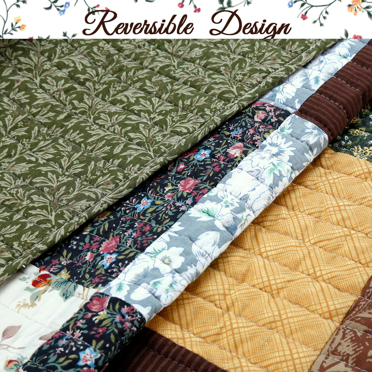 Huitt Country Farmhouse Vintage Floral Real Patchwork Cotton 3-Piece Reversible Quilt Bedding Set