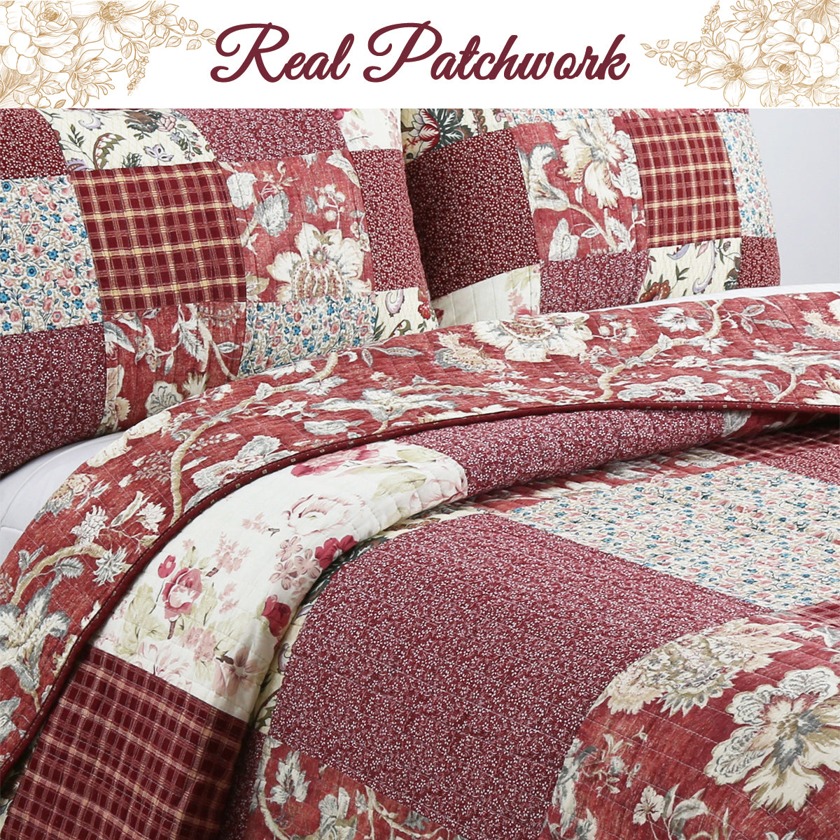 Stockwood Red Real Patchwork 3-Piece Cotton Reversible Quilt Bedding Set