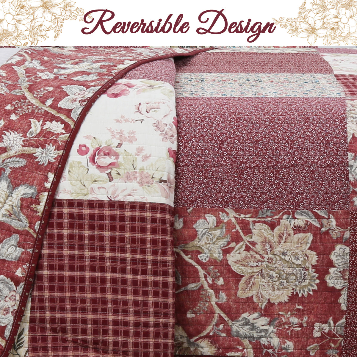 Stockwood Red Real Patchwork 3-Piece Cotton Reversible Quilt Bedding Set