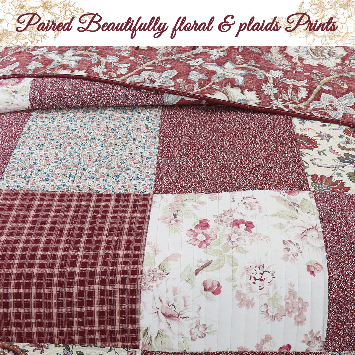 Stockwood Red Real Patchwork 3-Piece Cotton Reversible Quilt Bedding Set