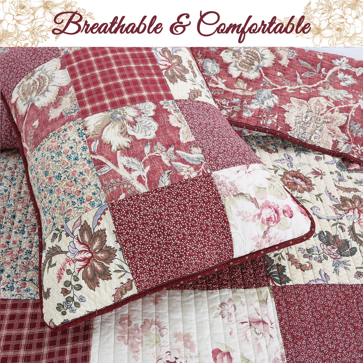 Stockwood Red Real Patchwork 3-Piece Cotton Reversible Quilt Bedding Set