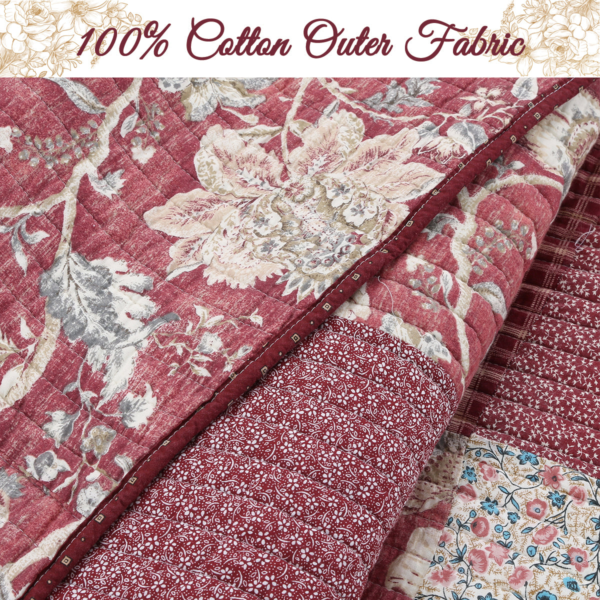 Stockwood Red Real Patchwork 3-Piece Cotton Reversible Quilt Bedding Set