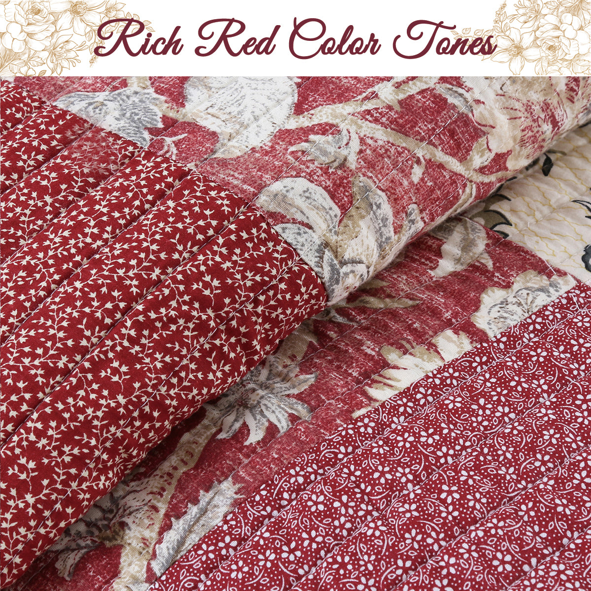 Stockwood Red Real Patchwork 3-Piece Cotton Reversible Quilt Bedding Set