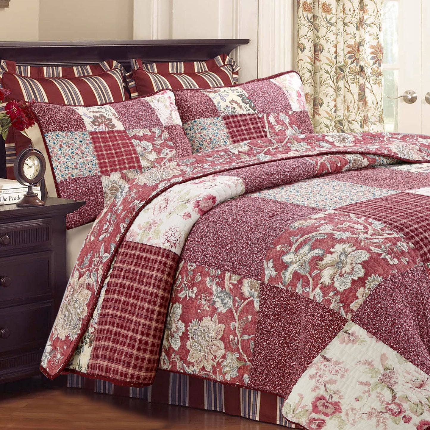 Stockwood Red Real Patchwork 3-Piece Cotton Reversible Quilt Bedding Set