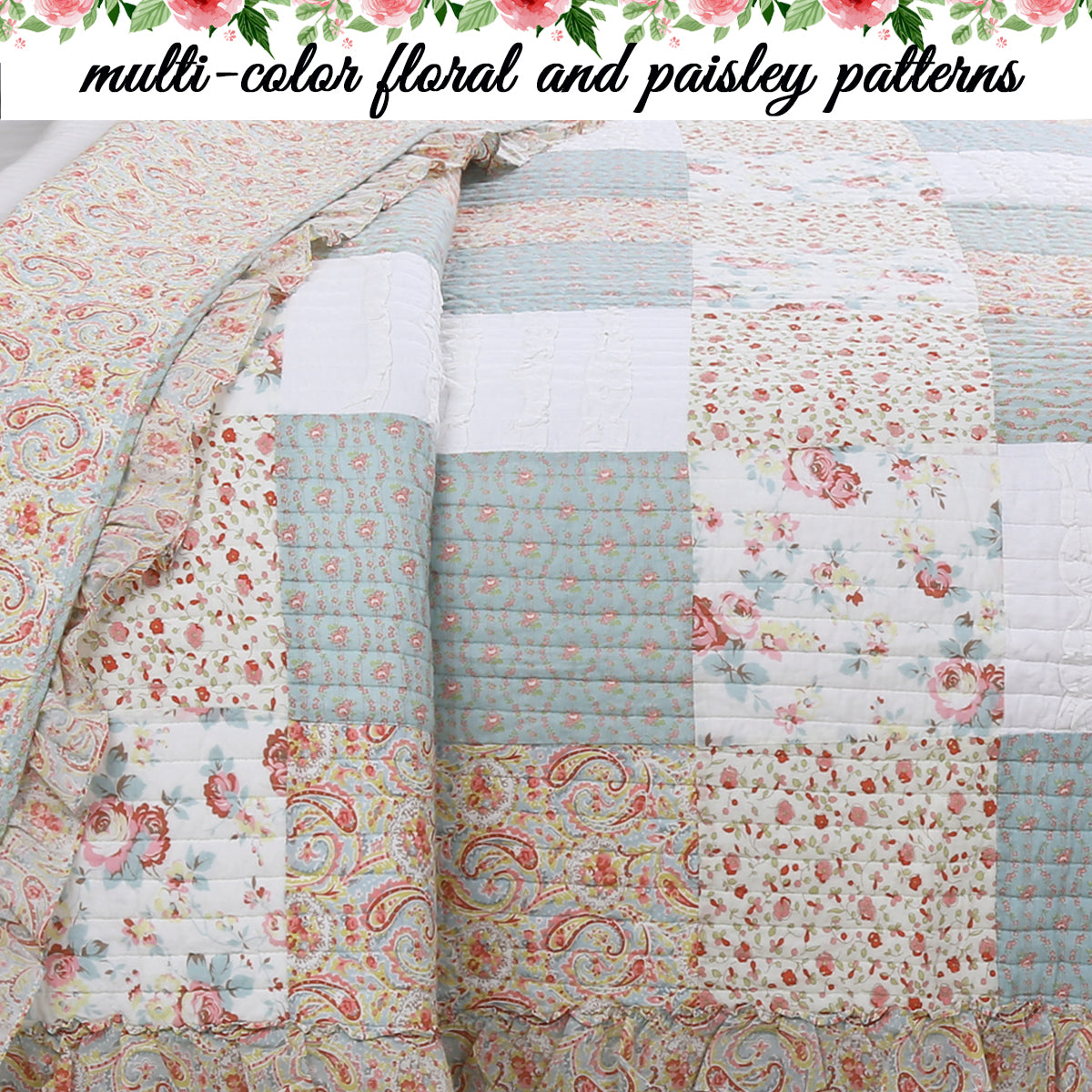 Mucci Floral Ruffle Real Patchwork Cotton 3-Piece Reversible Quilt Bedding Set