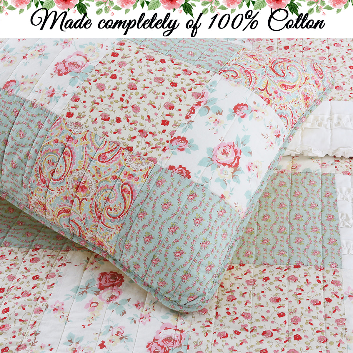 Mucci Floral Ruffle Real Patchwork Cotton 3-Piece Reversible Quilt Bedding Set