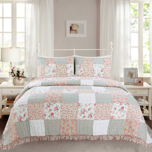 Mucci Floral Ruffle Real Patchwork Cotton 3-Piece Reversible Quilt Bedding Set