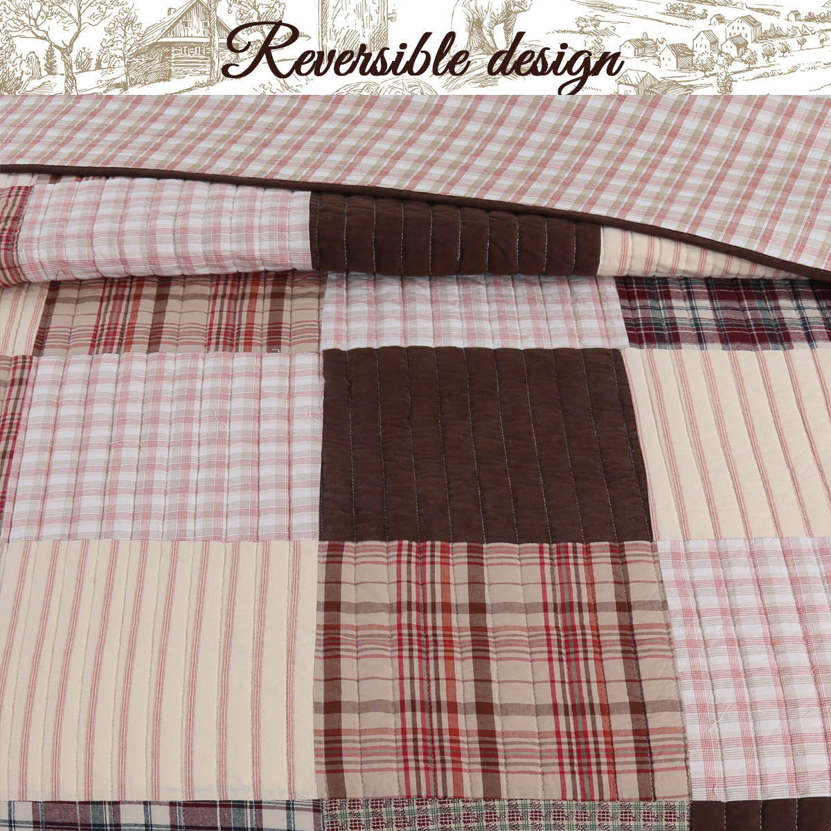 Jakob Plaid Brody Brown Real Patchwork Cotton Reversible Quilt Bedding Set