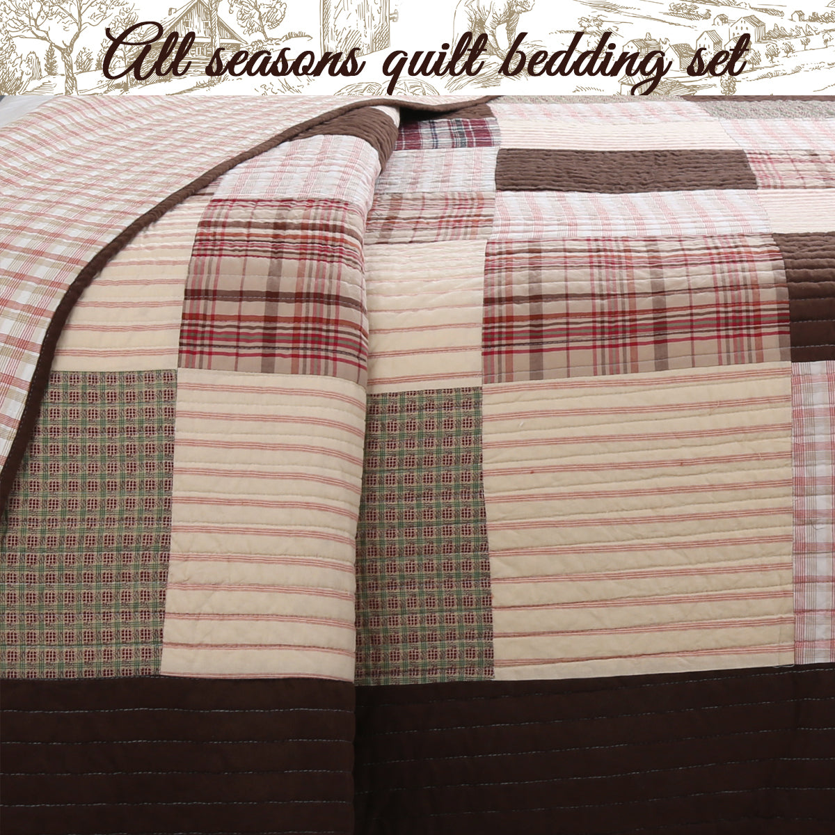 Jakob Plaid Brody Brown Real Patchwork Cotton Reversible Quilt Bedding Set