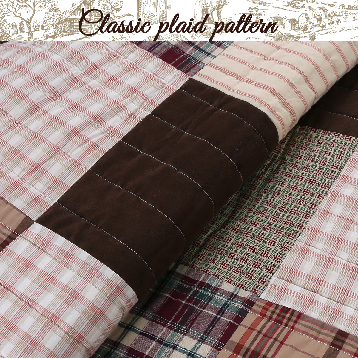 Jakob Plaid Brody Brown Real Patchwork Cotton Reversible Quilt Bedding Set