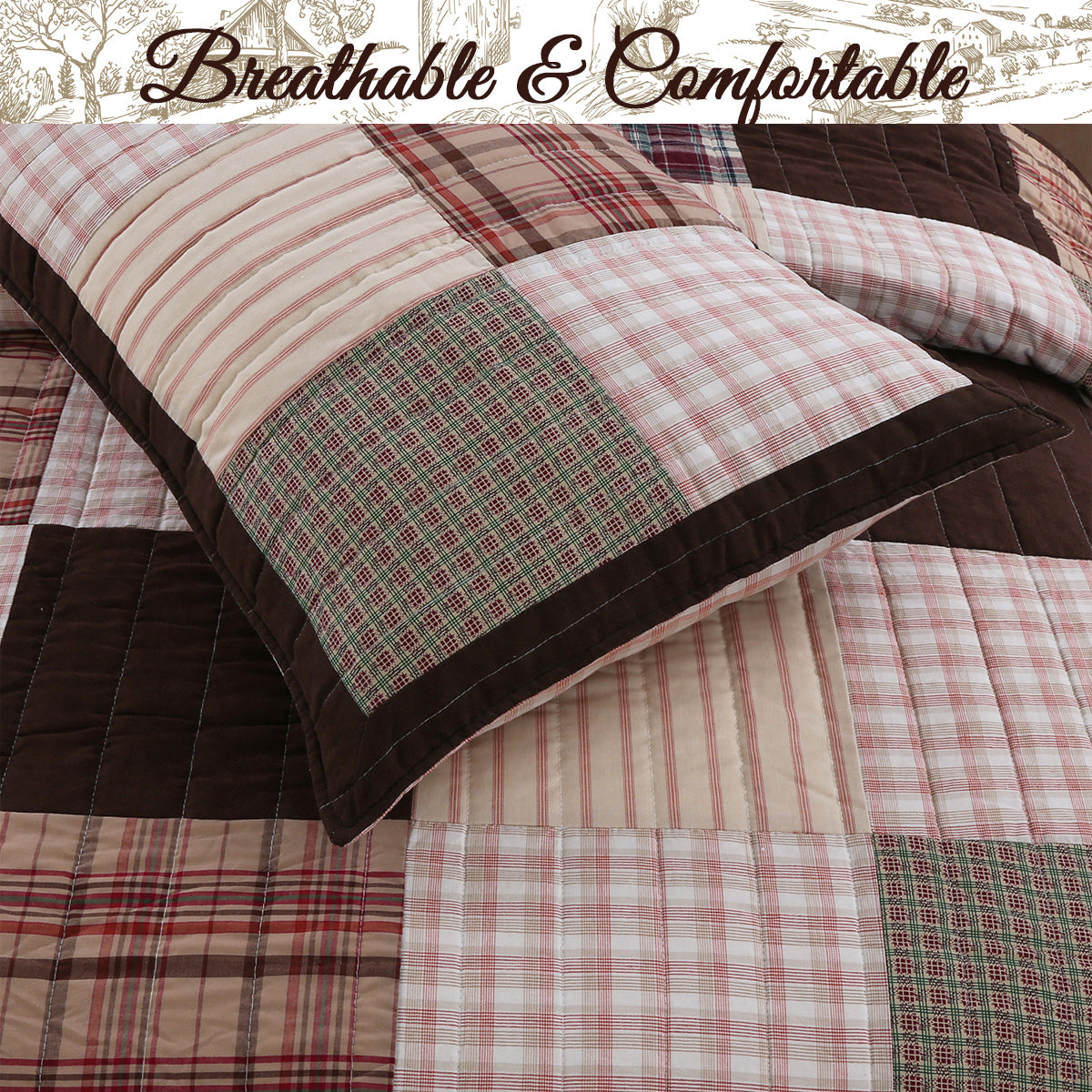 Jakob Plaid Brody Brown Real Patchwork Cotton Reversible Quilt Bedding Set