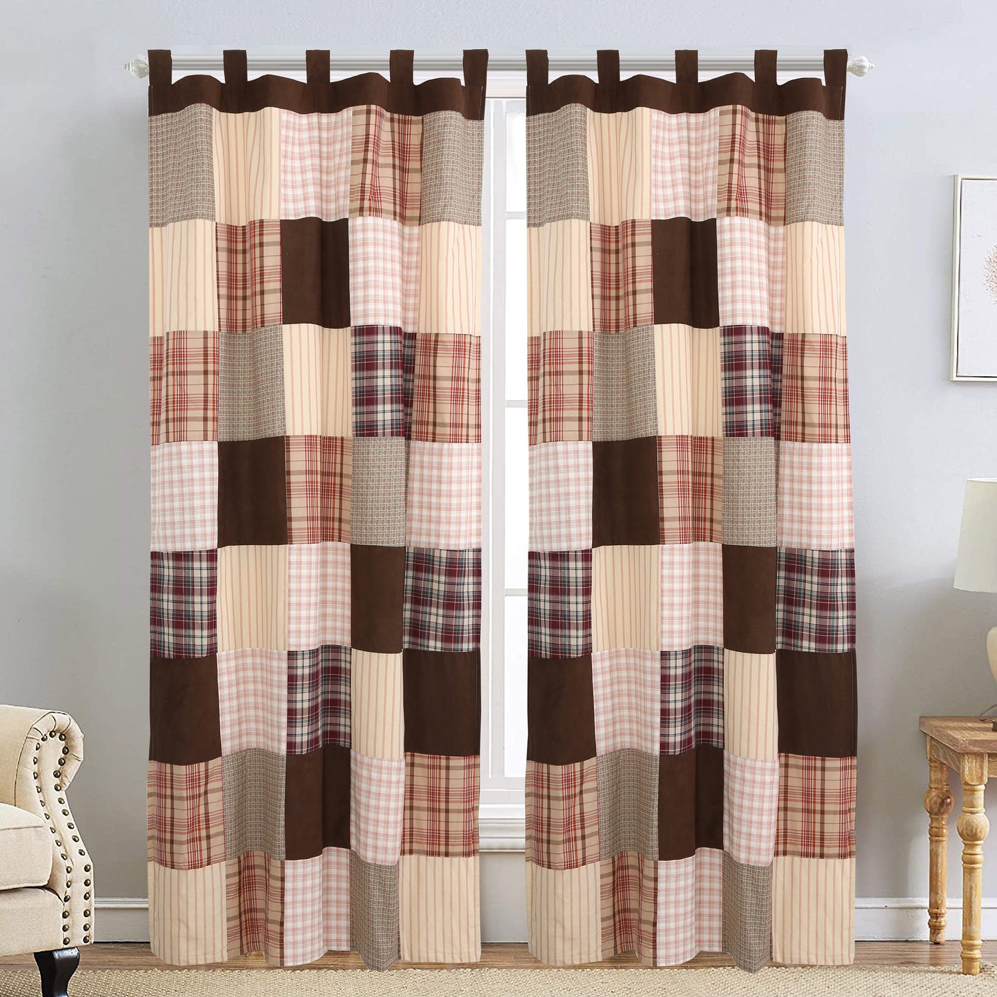 Jakob Plaid Brody Brown Striped Patchwork Window Curtain Panel/Drapes