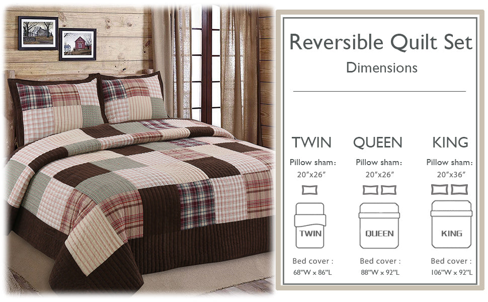 Jakob Plaid Brody Brown Real Patchwork Cotton Reversible Quilt Bedding Set