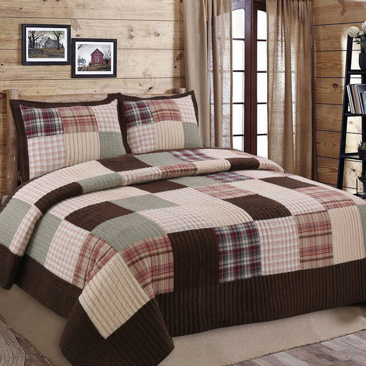 Jakob Plaid Brody Brown Real Patchwork Cotton Reversible Quilt Bedding Set