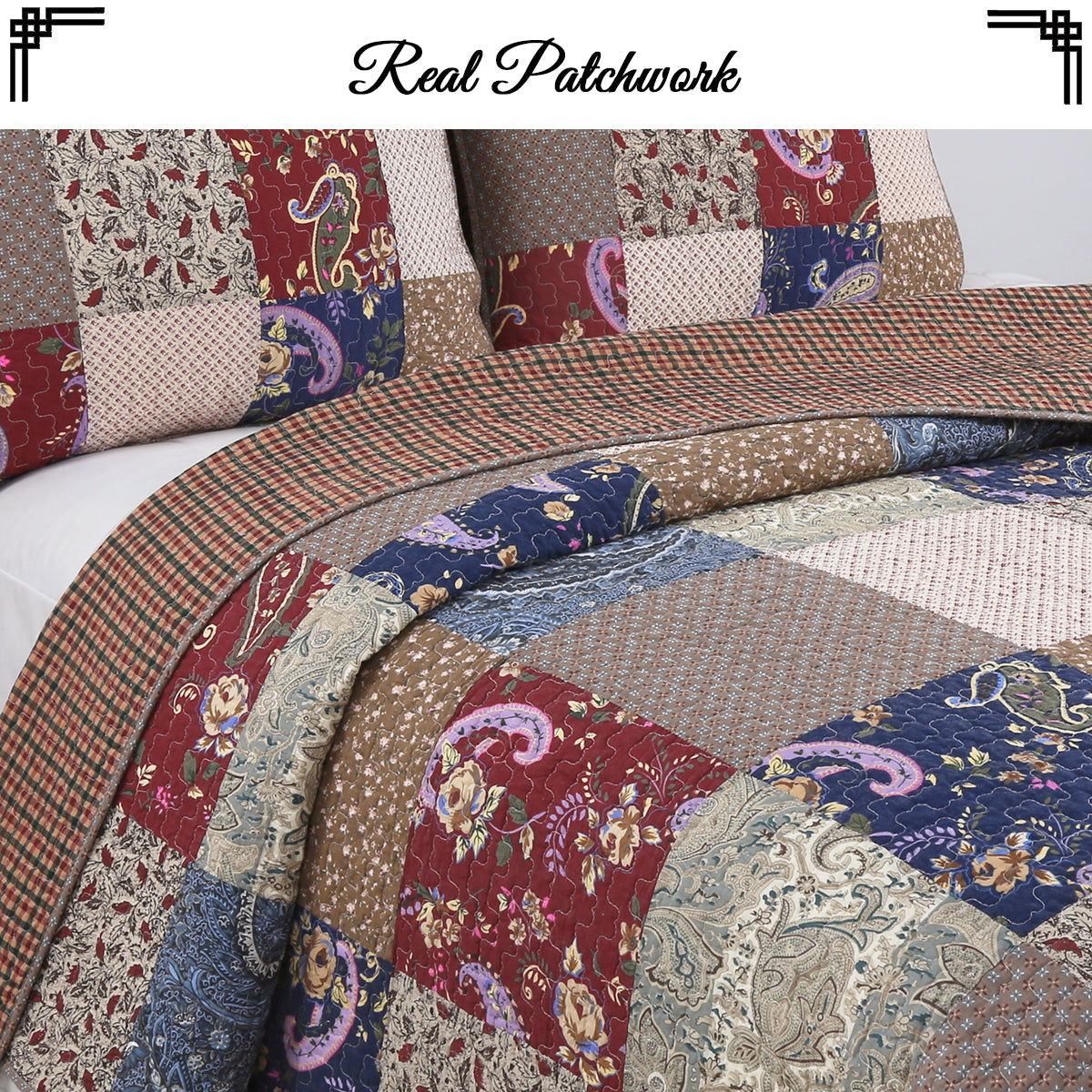 Hyler Sanders Floral Paisley Real Patchwork 3-Piece Cotton Reversible Quilt Bedding Set
