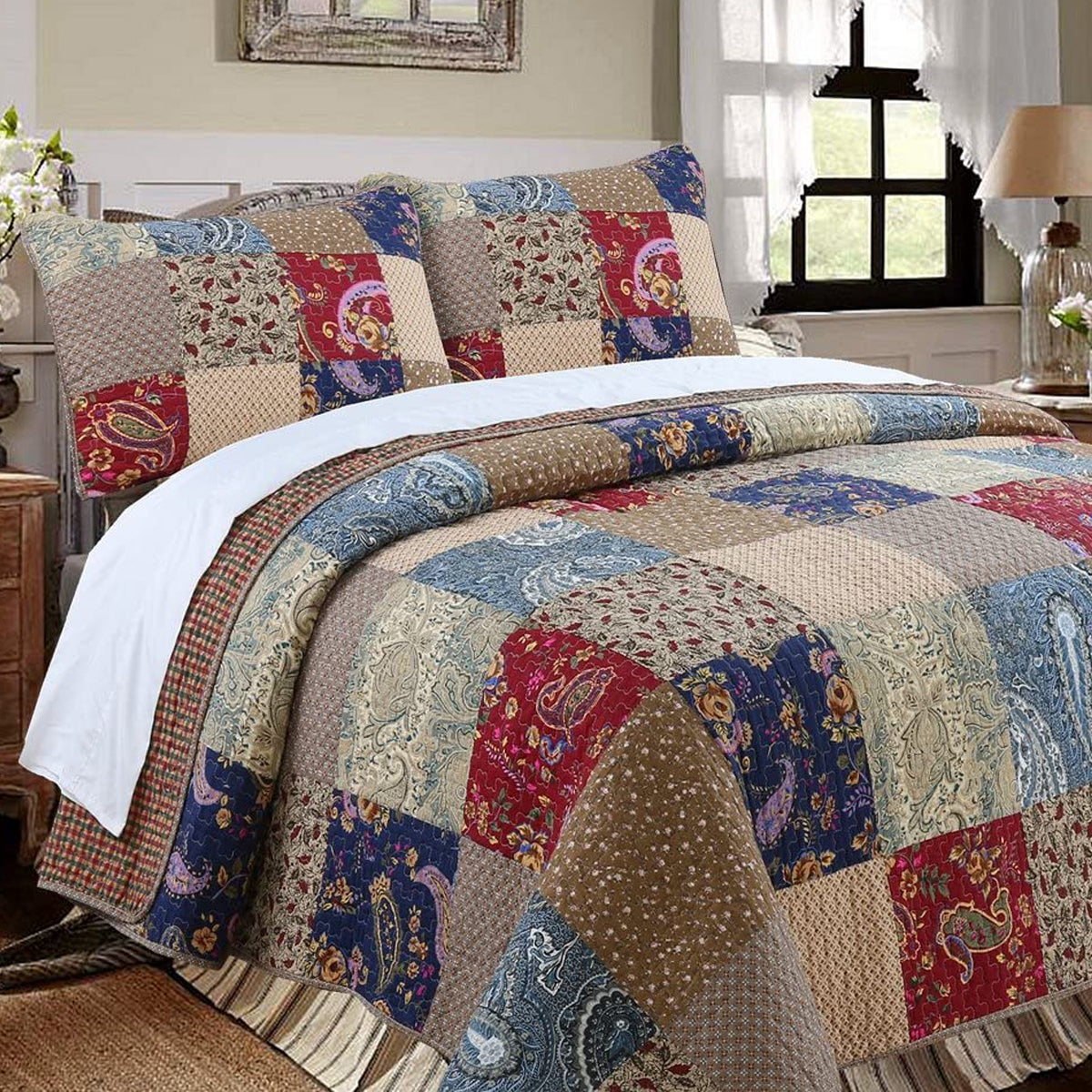 Hyler Sanders Floral Paisley Real Patchwork 3-Piece Cotton Reversible Quilt Bedding Set
