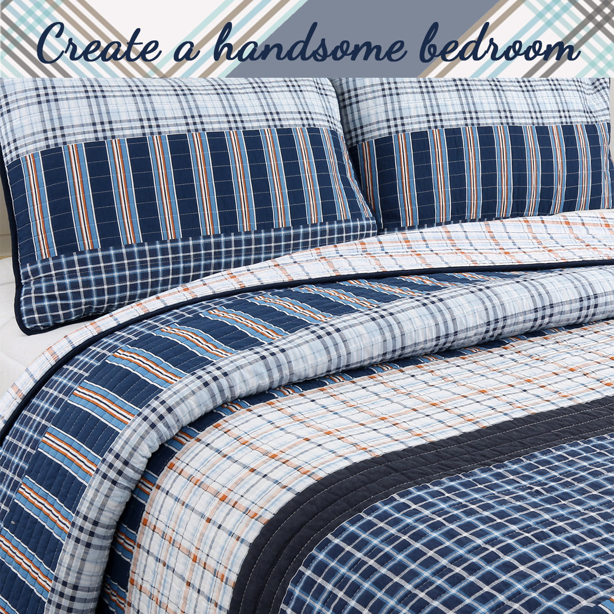 Salina Navy Stripped Plaid Print Patchwork Cotton Reversible Quilt Bedding Set