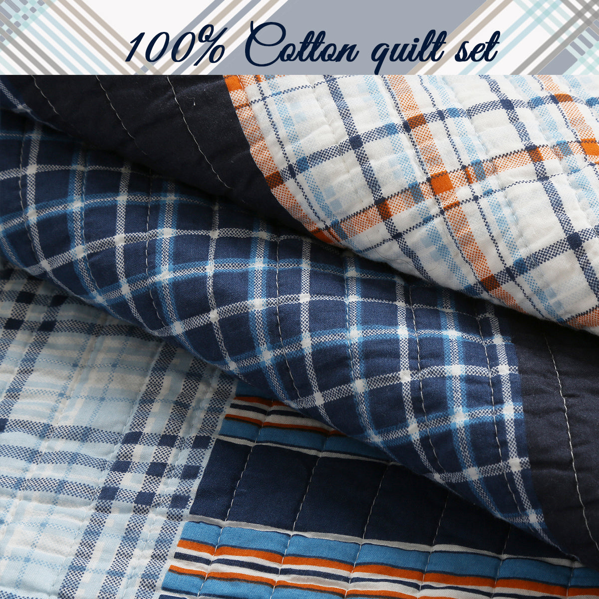 Salina Navy Stripped Plaid Print Patchwork Cotton Reversible Quilt Bedding Set