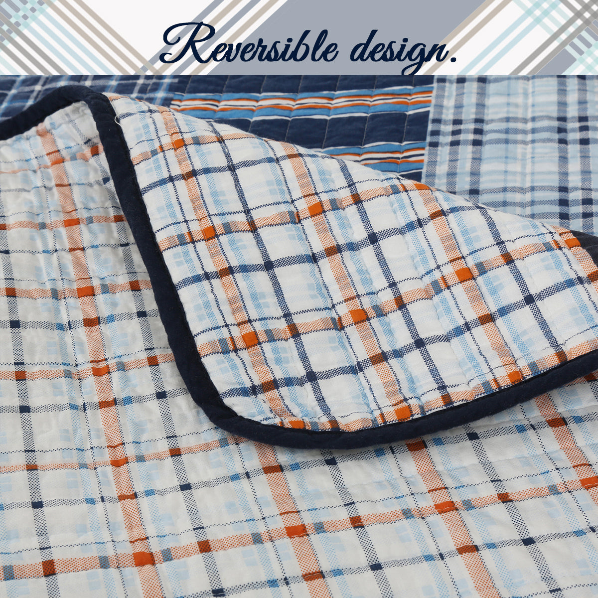 Salina Navy Stripped Plaid Print Patchwork Cotton Reversible Quilt Bedding Set