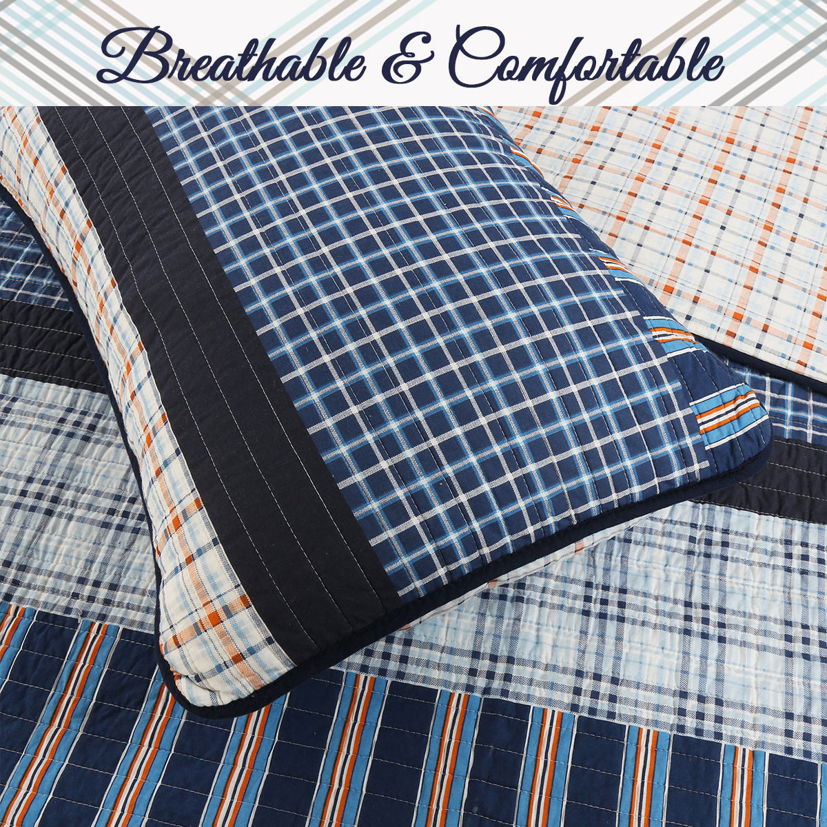 Salina Navy Stripped Plaid Print Patchwork Cotton Reversible Quilt Bedding Set