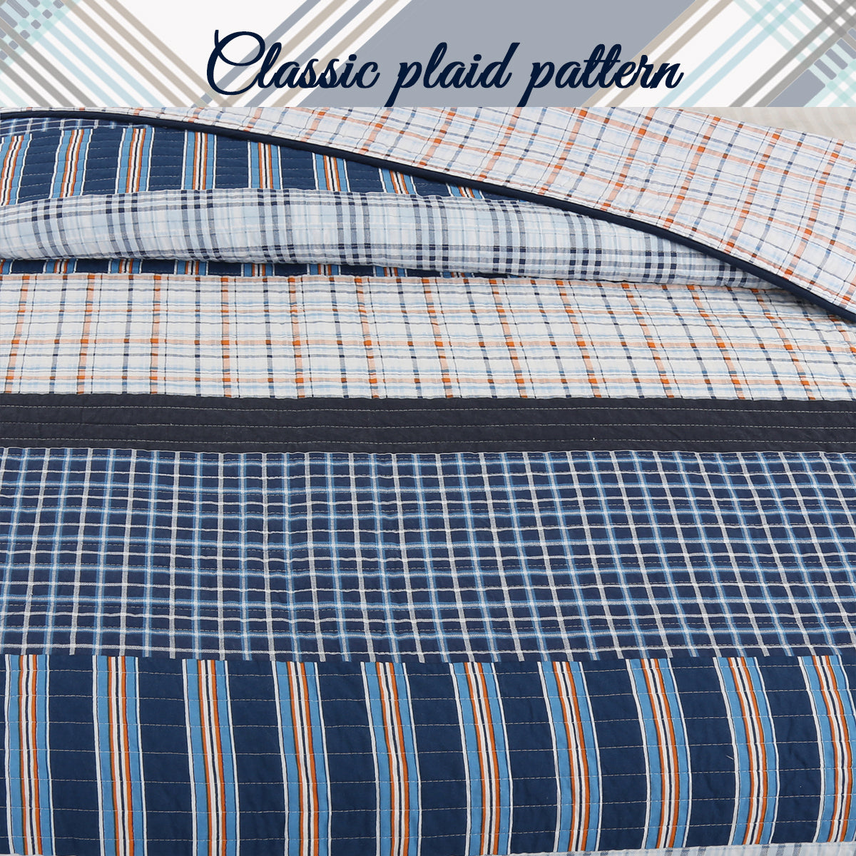 Salina Navy Stripped Plaid Print Patchwork Cotton Reversible Quilt Bedding Set