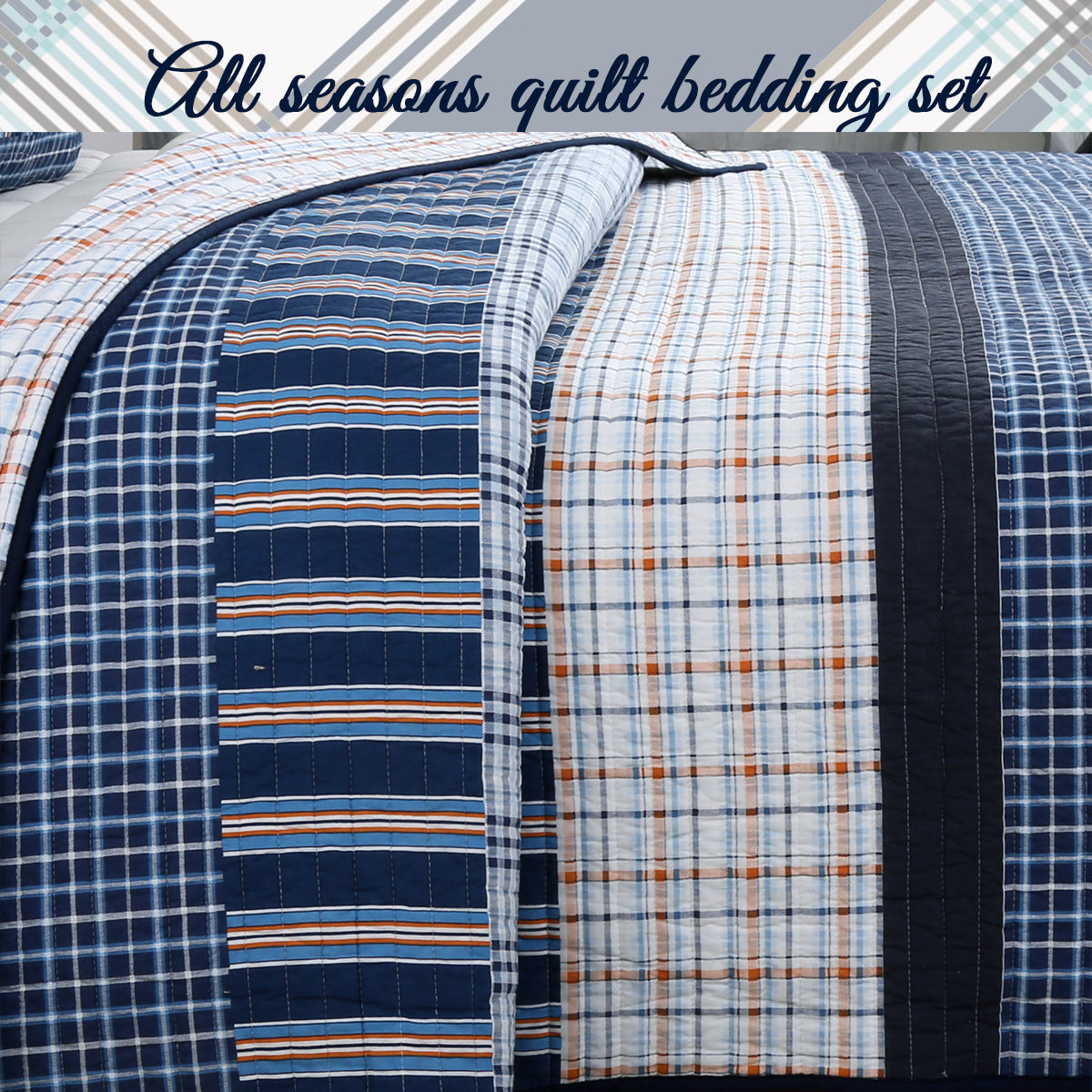 Salina Navy Stripped Plaid Print Patchwork Cotton Reversible Quilt Bedding Set