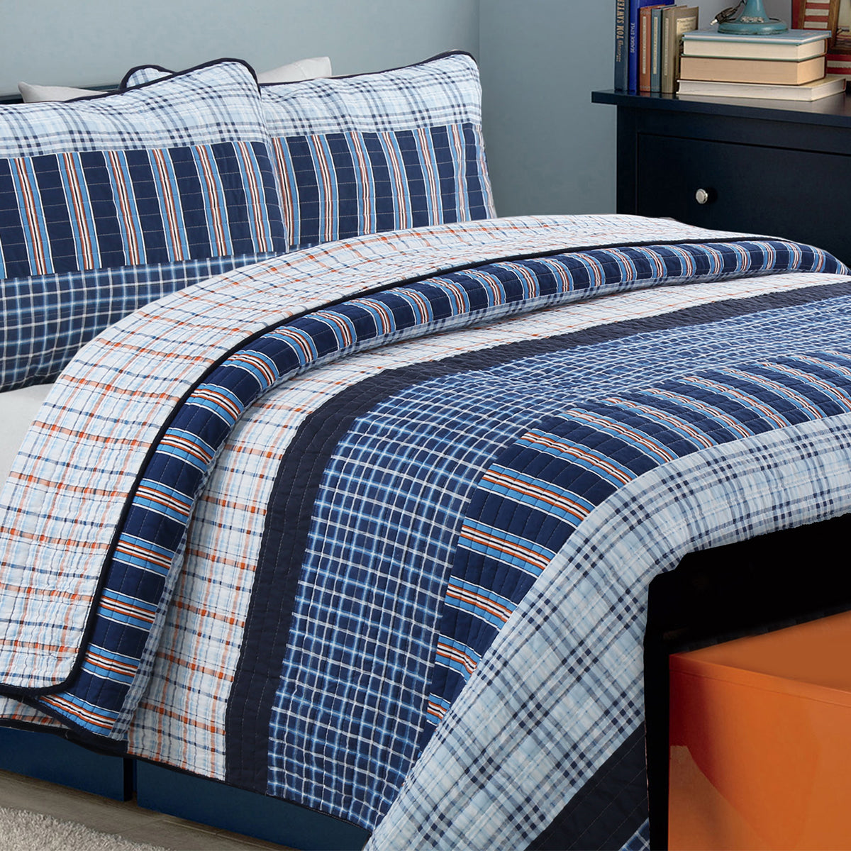 Salina Navy Stripped Plaid Print Patchwork Cotton Reversible Quilt Bedding Set
