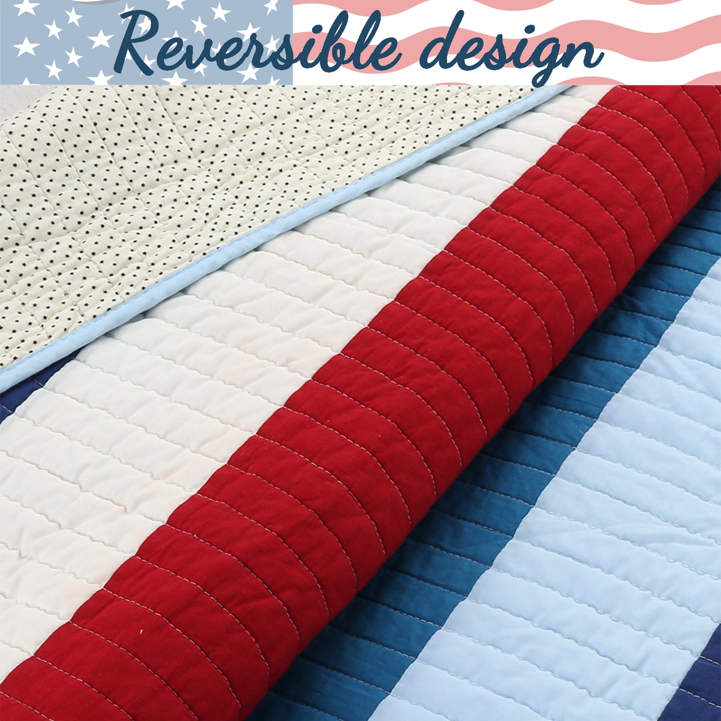 Ressler Navy Blue Red Stripe Real Patchwork Cotton Reversible Quilt Bedding Set