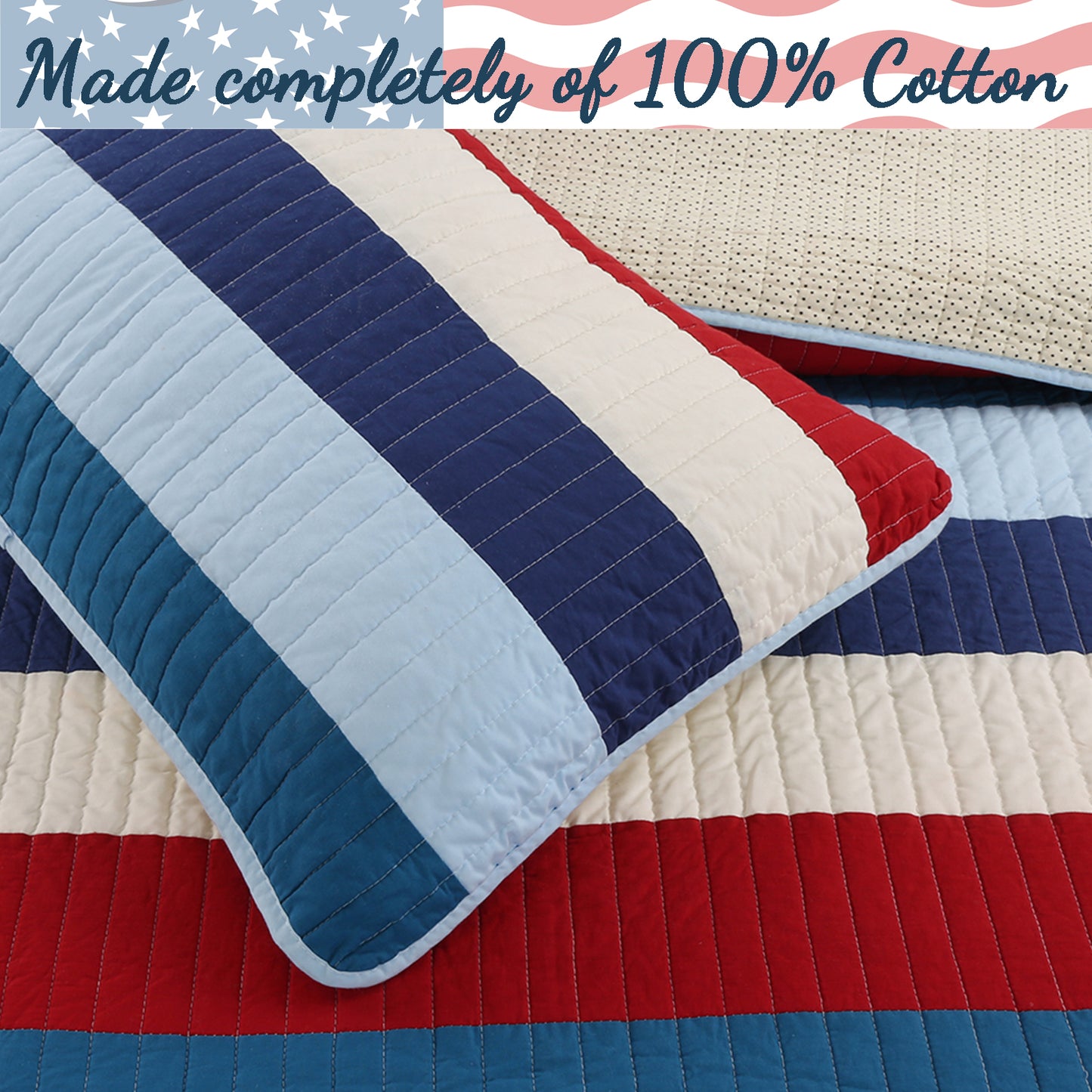 Ressler Navy Blue Red Stripe Real Patchwork Cotton Reversible Quilt Bedding Set