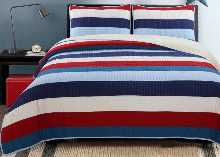 Ressler Navy Blue Red Stripe Real Patchwork Cotton Reversible Quilt Bedding Set