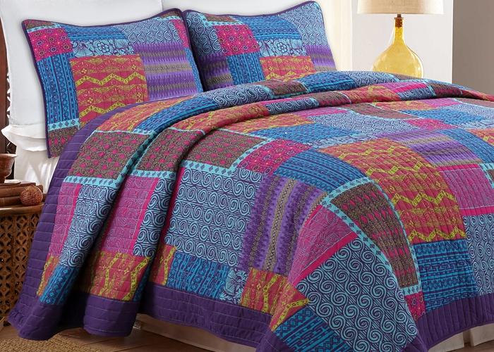 Aldiana Purple 3-Piece Print Patchwork Cotton Reversible Quilt Bedding Set