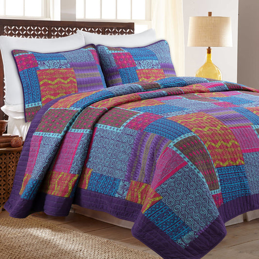 Aldiana Purple 3-Piece Print Patchwork Cotton Reversible Quilt Bedding Set