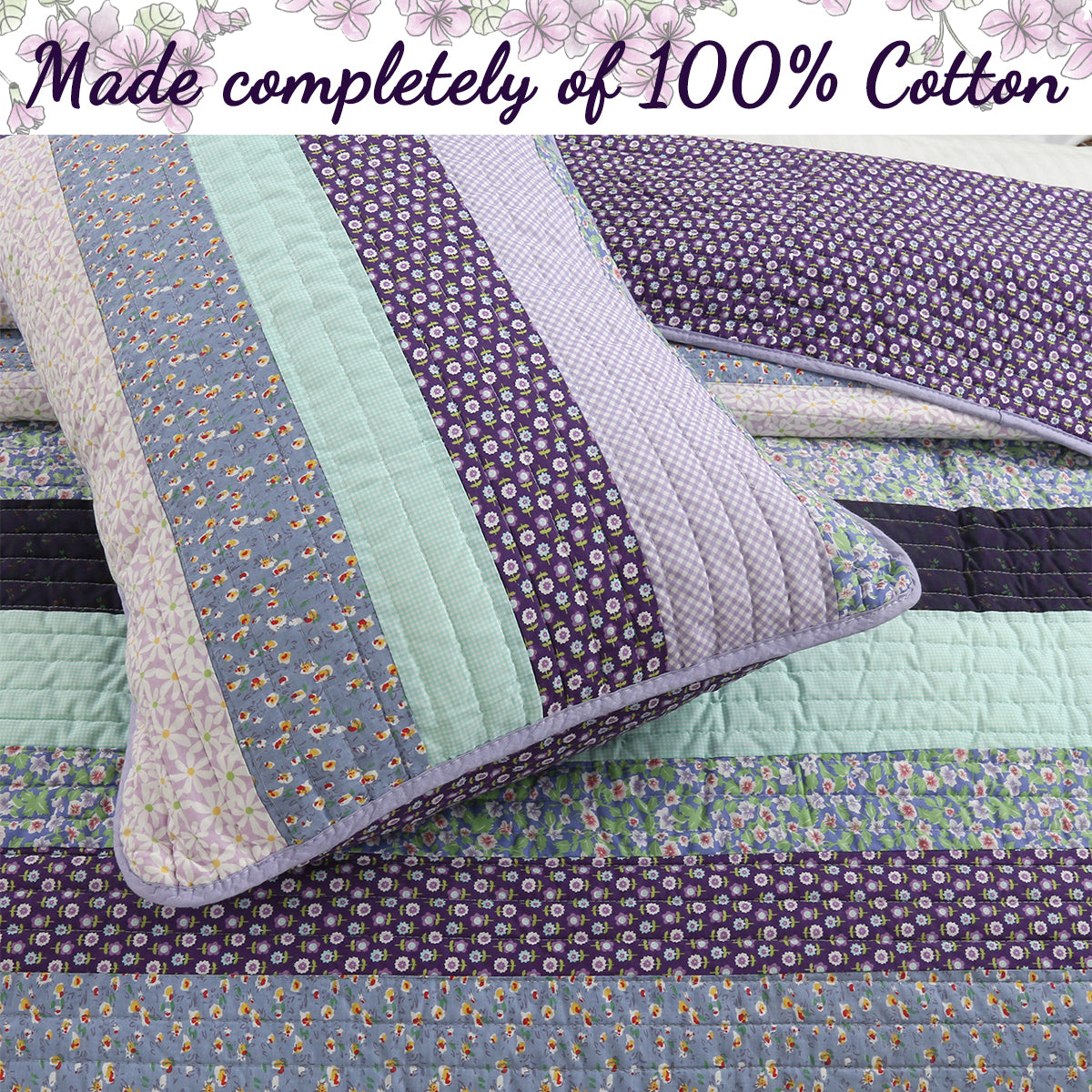 Safira Striped Purple 3-Piece Cotton Reversible Quilt Bedding Set