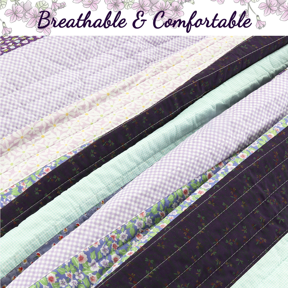 Safira Striped Purple 3-Piece Cotton Reversible Quilt Bedding Set