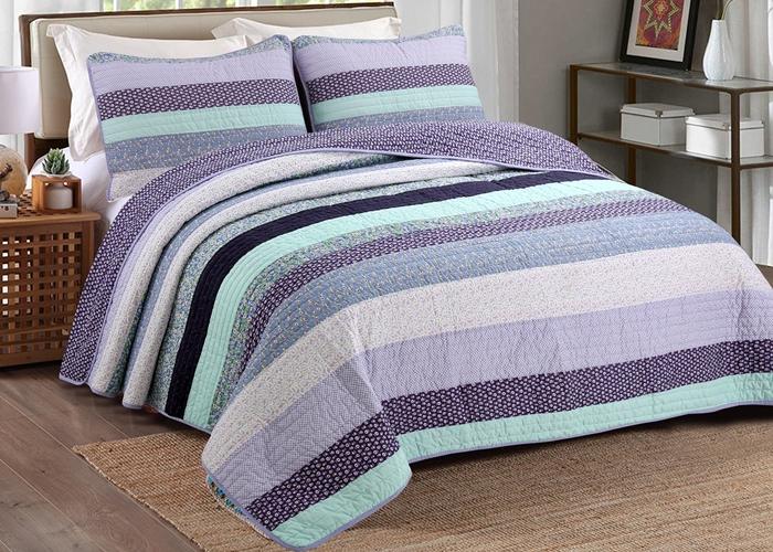 Safira Striped Purple 3-Piece Cotton Reversible Quilt Bedding Set
