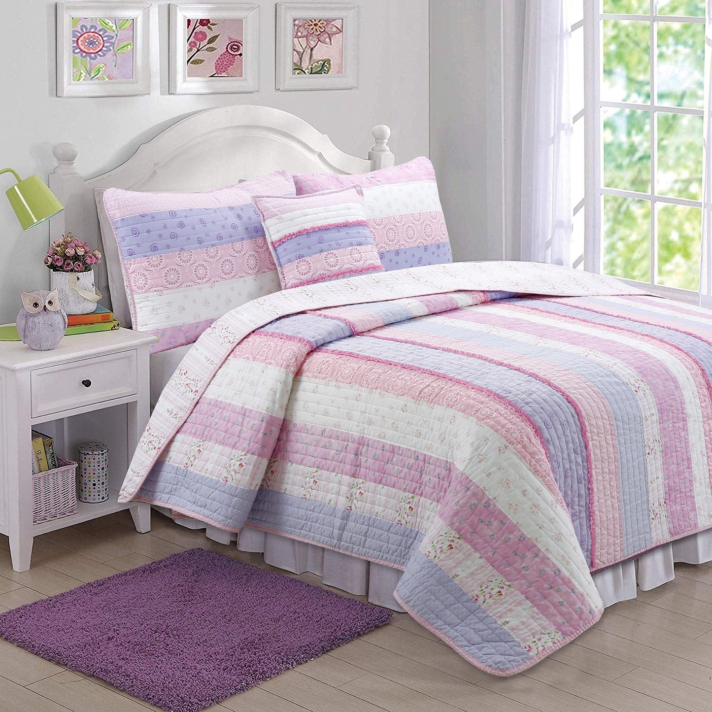Eden Floral Pink Purple Striped Ruffle Cotton Reversible Quilt Bedding Set