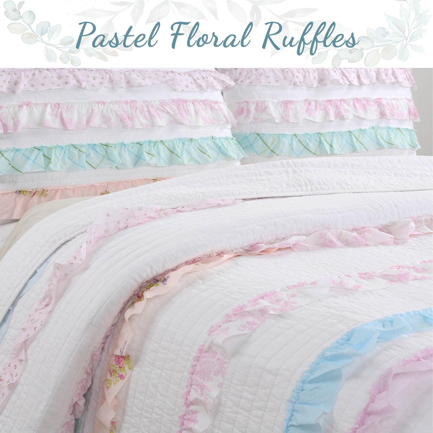 Devers Ruffles White Pink Blue Cotton Reversible Quilt Bedding Set