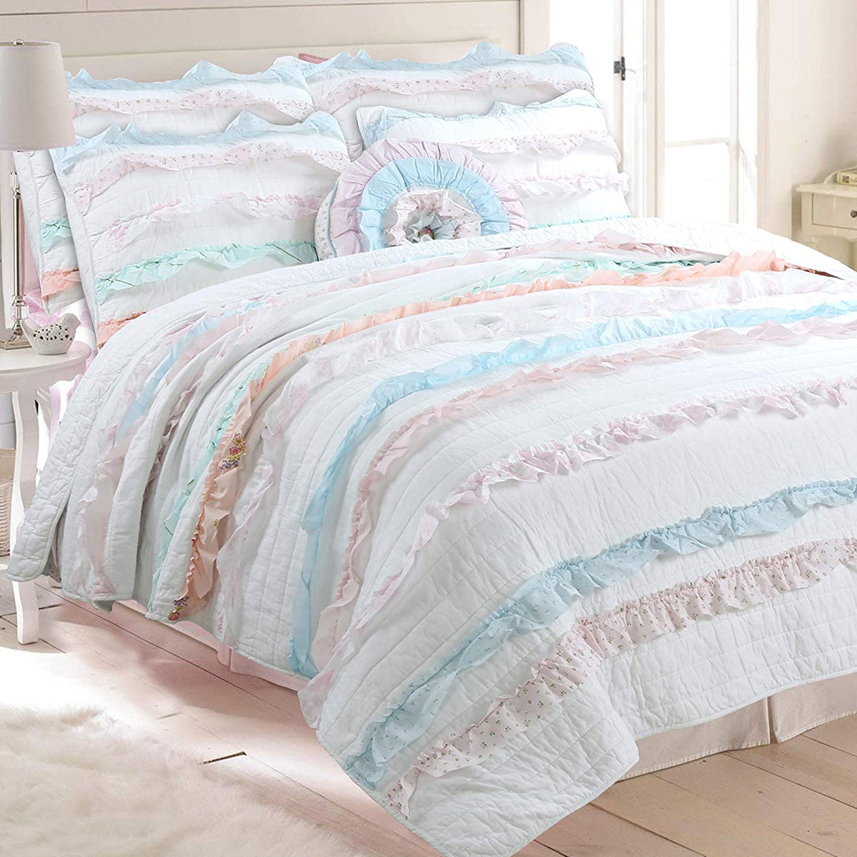 Devers Ruffles White Pink Blue Cotton Reversible Quilt Bedding Set