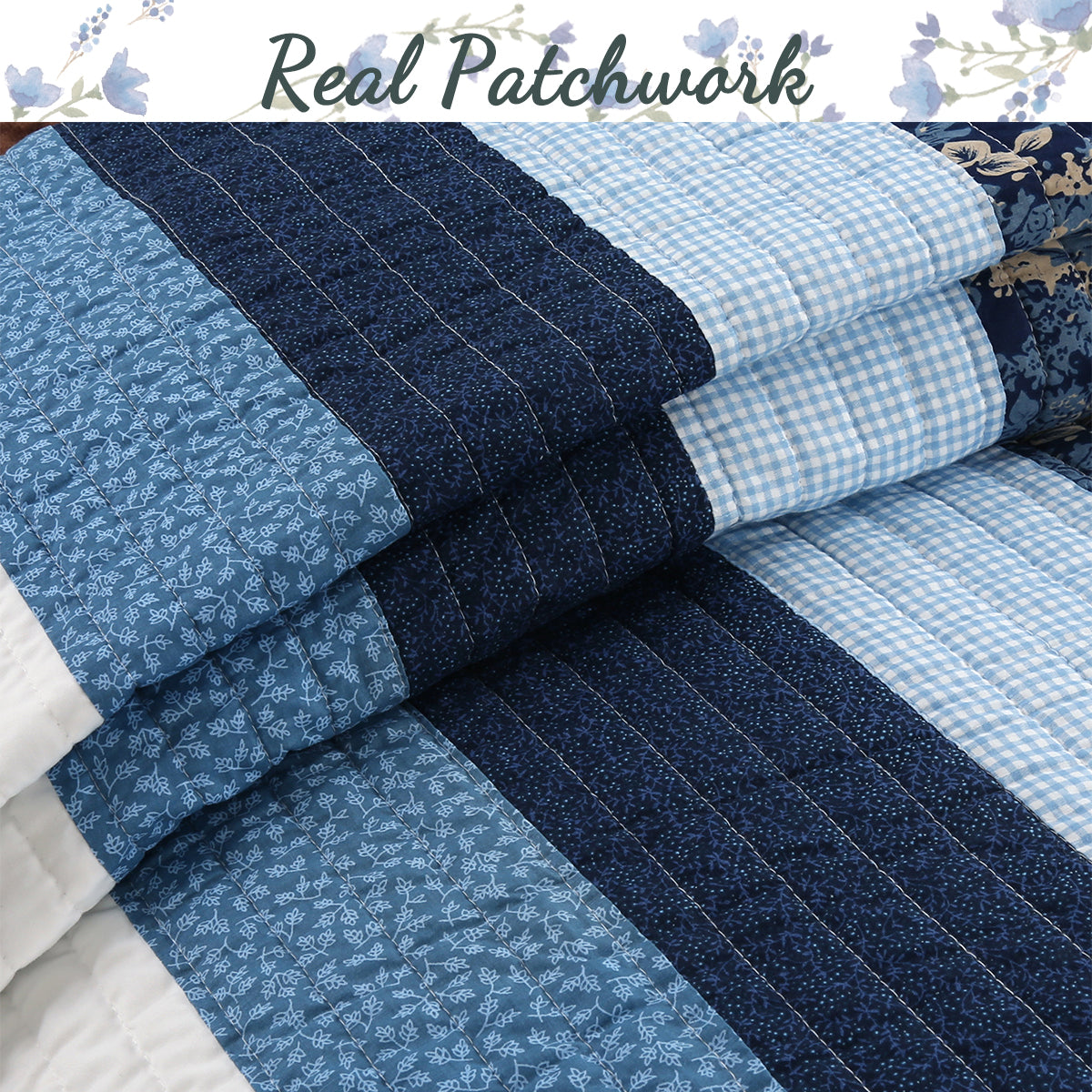Petrey Blue Stripe Real Patchwork Cotton 3-Piece Reversible Quilt Bedding Set