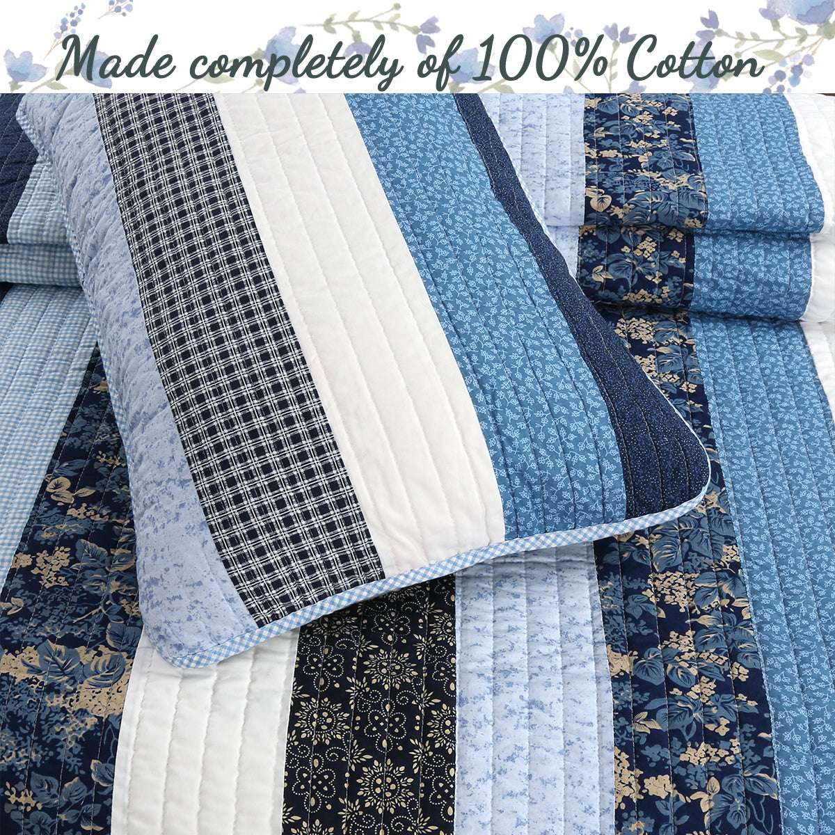 Petrey Blue Stripe Real Patchwork Cotton 3-Piece Reversible Quilt Bedding Set