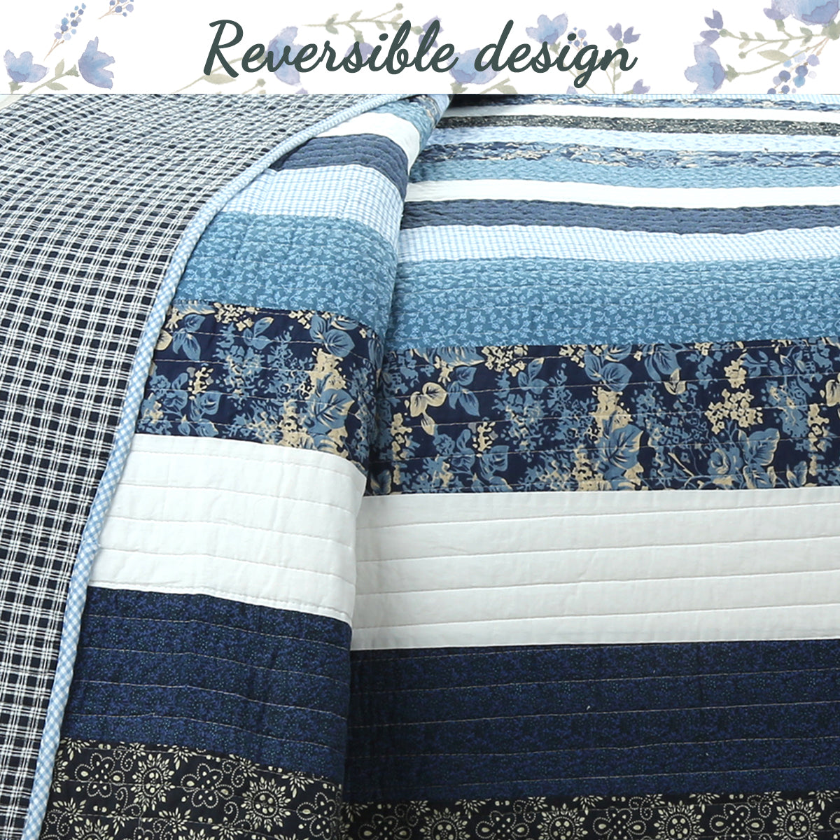 Petrey Blue Stripe Real Patchwork Cotton 3-Piece Reversible Quilt Bedd ...