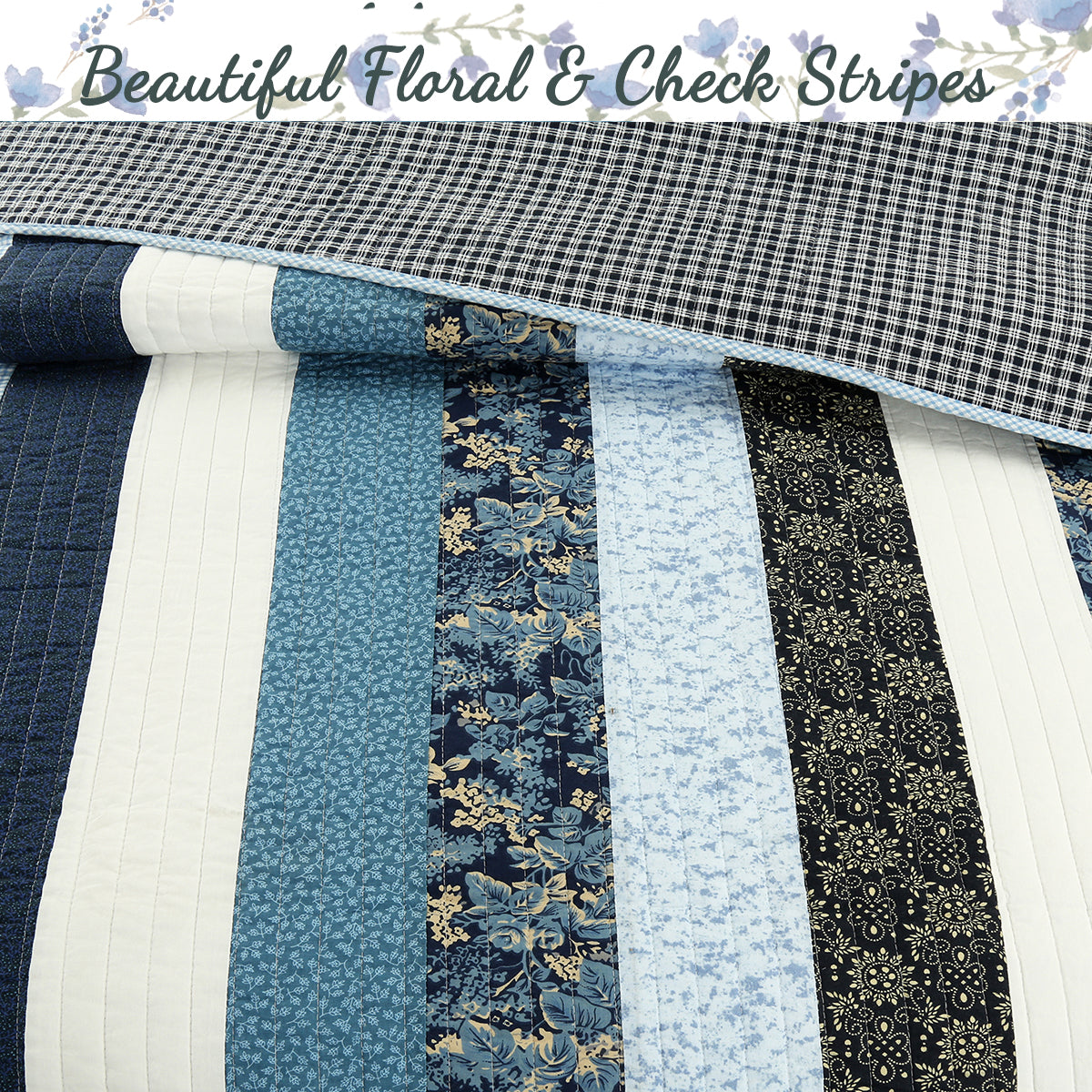 Petrey Blue Stripe Real Patchwork Cotton 3-Piece Reversible Quilt Bedding Set