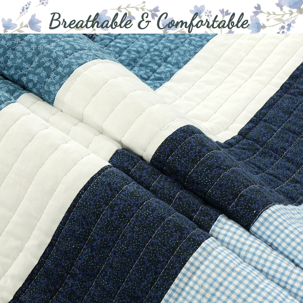 Petrey Blue Stripe Real Patchwork Cotton 3-Piece Reversible Quilt Bedding Set