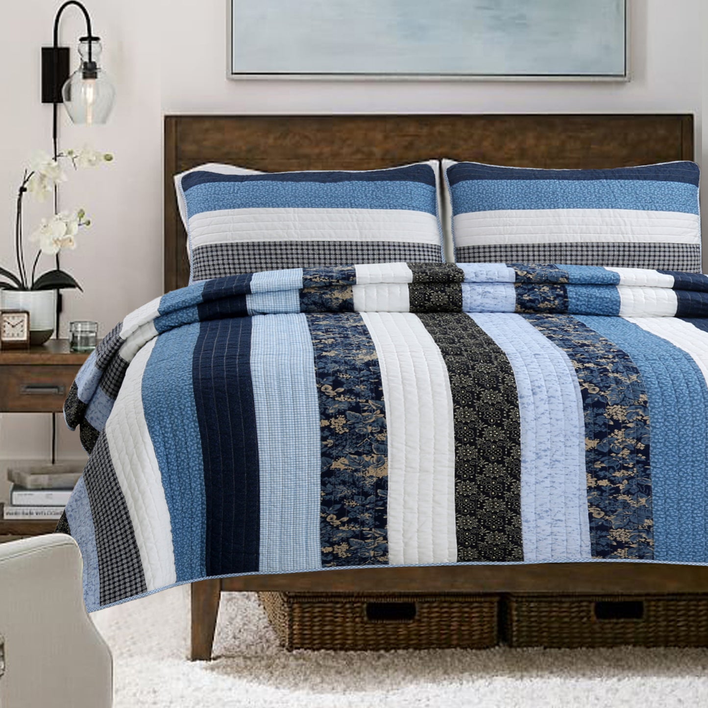 Petrey Blue Stripe Real Patchwork Cotton 3-Piece Reversible Quilt Bedding Set