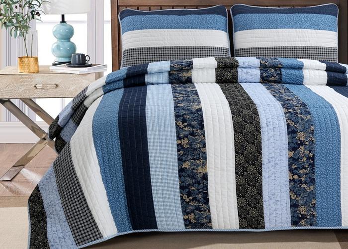 Petrey Blue Stripe Real Patchwork Cotton 3-Piece Reversible Quilt Bedding Set