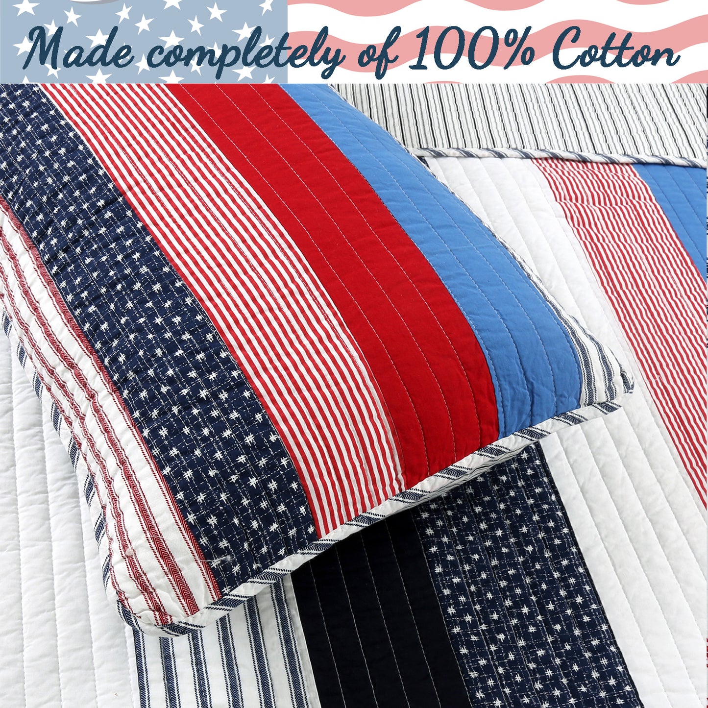 Netta Stripe Real Patchwork Red White Blue Cotton Reversible Quilt Bedding Set