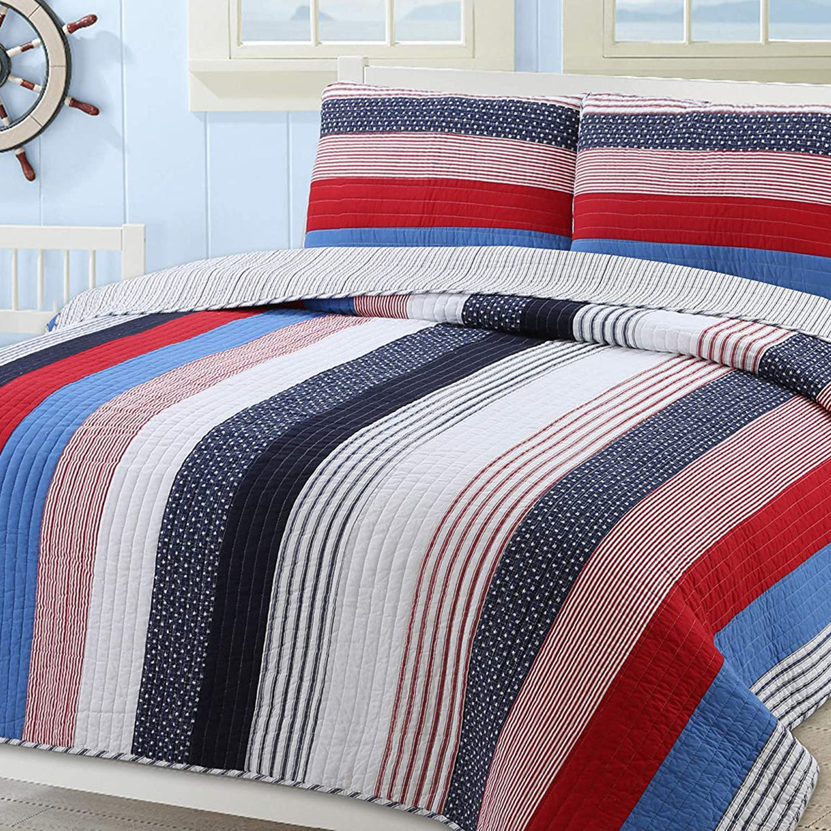 Netta Stripe Real Patchwork Red White Blue Cotton Reversible Quilt Bedding Set