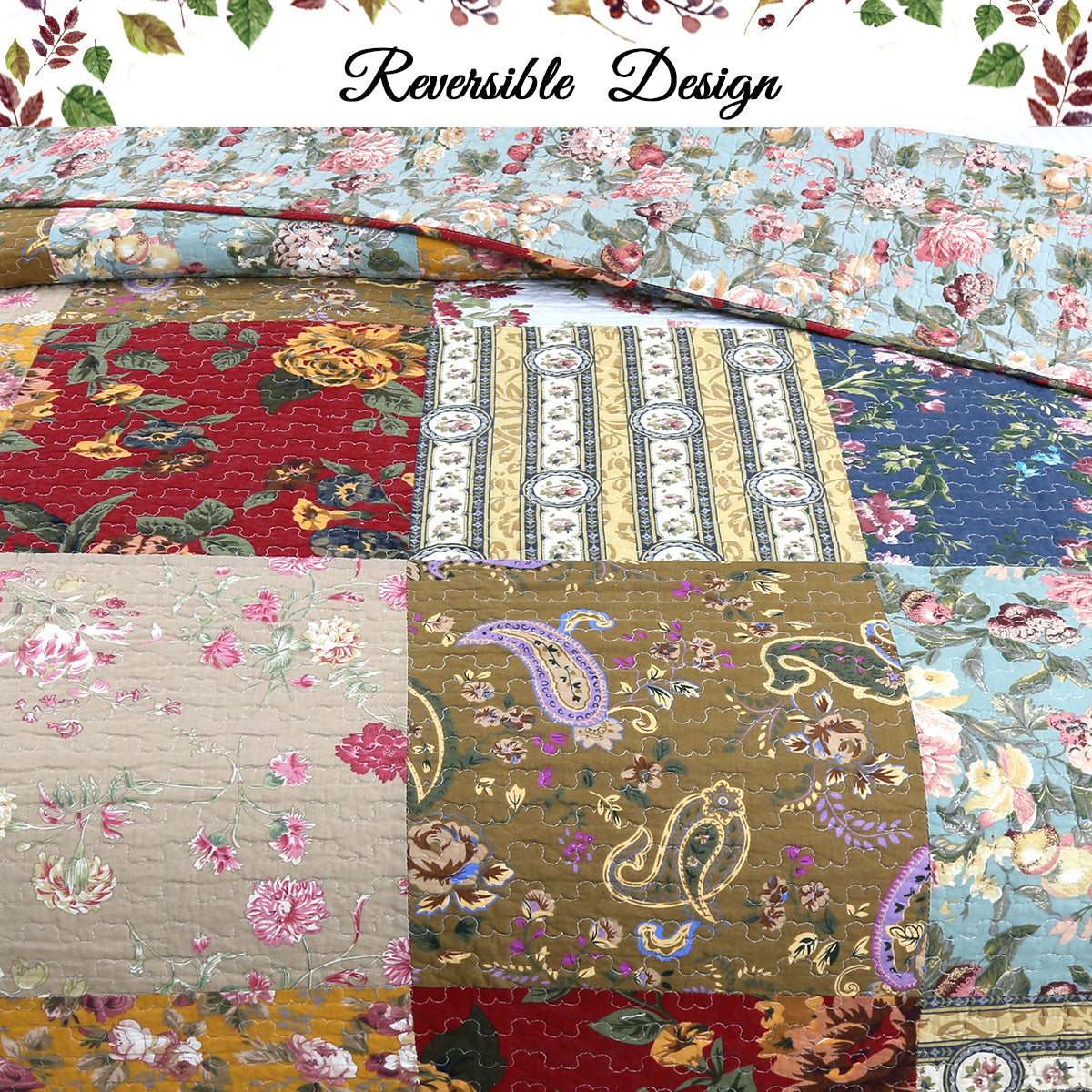 Ryleigh Floral Real Patchwork Country Garden Fall Flowers Paisley 3-Piece Cotton Reversible Quilt Bedding Set